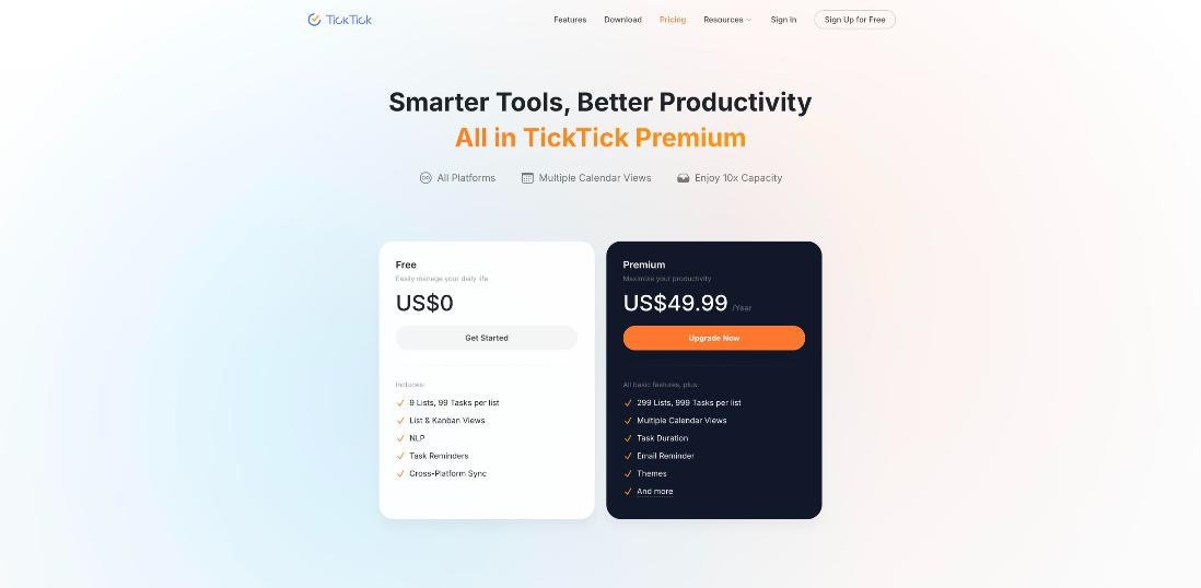 TickTick pricing page comparing the Free plan and Premium at US$49.99 per year