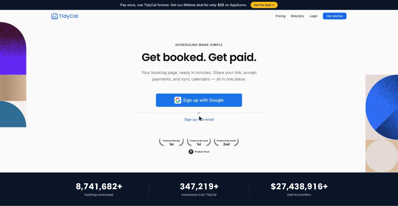 TidyCal homepage with the headline Get booked. Get paid. and a Sign up with Google button