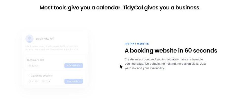 TidyCal instant booking website example with a discovery call and a paid coaching session