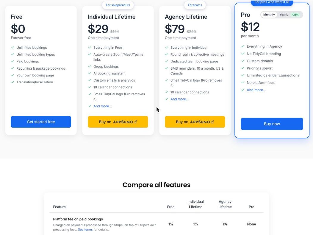 TidyCal pricing page comparing Free, Individual Lifetime, Agency Lifetime and Pro plans with platform fees