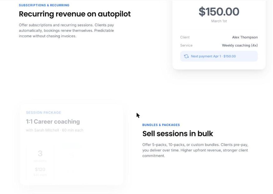 TidyCal recurring revenue and session package features for selling coaching sessions in bulk