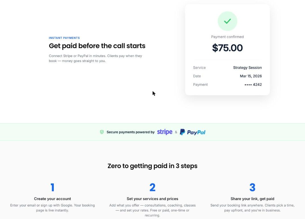 TidyCal instant payments section showing a confirmed payment and Stripe and PayPal logos