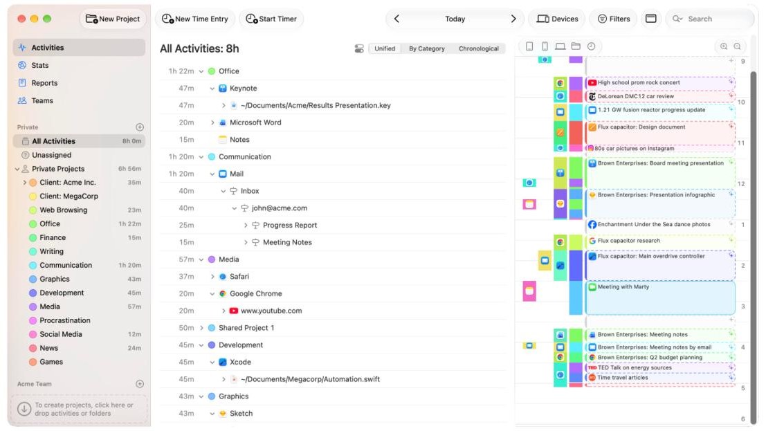 Timing app activity review with apps, documents and websites grouped by project next to a daily timeline