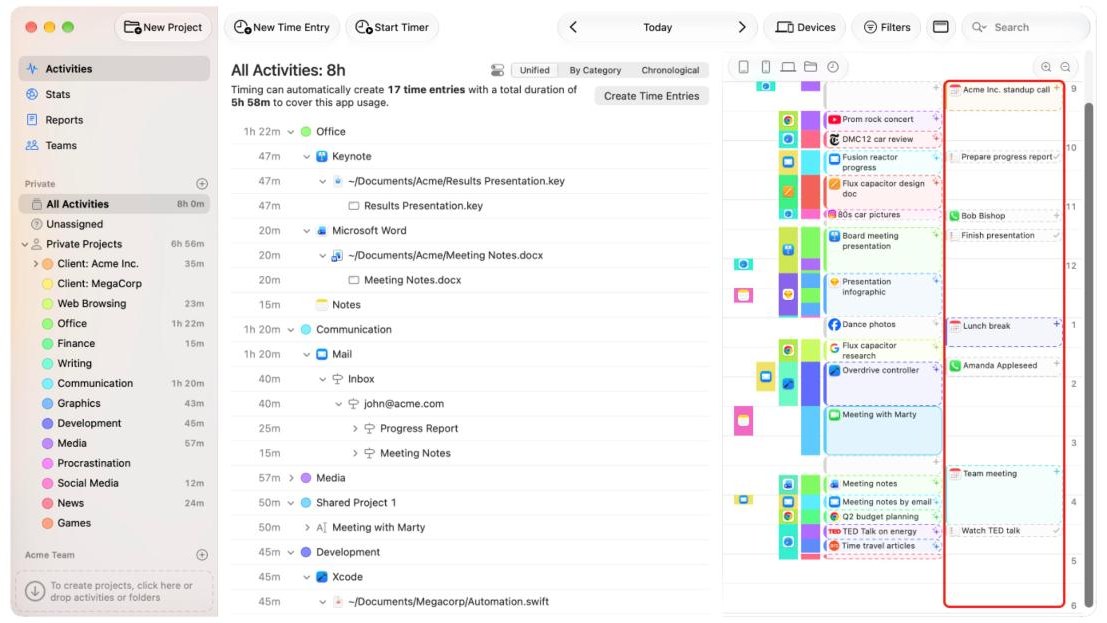 Timing app suggesting automatic time entries from tracked app usage on the timeline