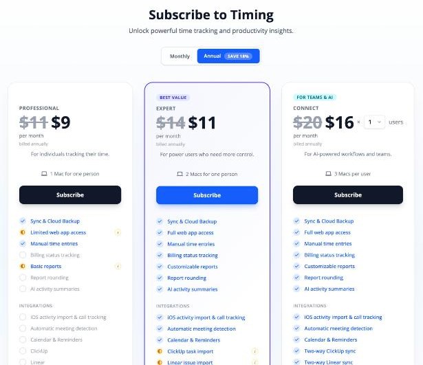 Timing pricing page comparing Professional, Expert and Connect plans billed annually