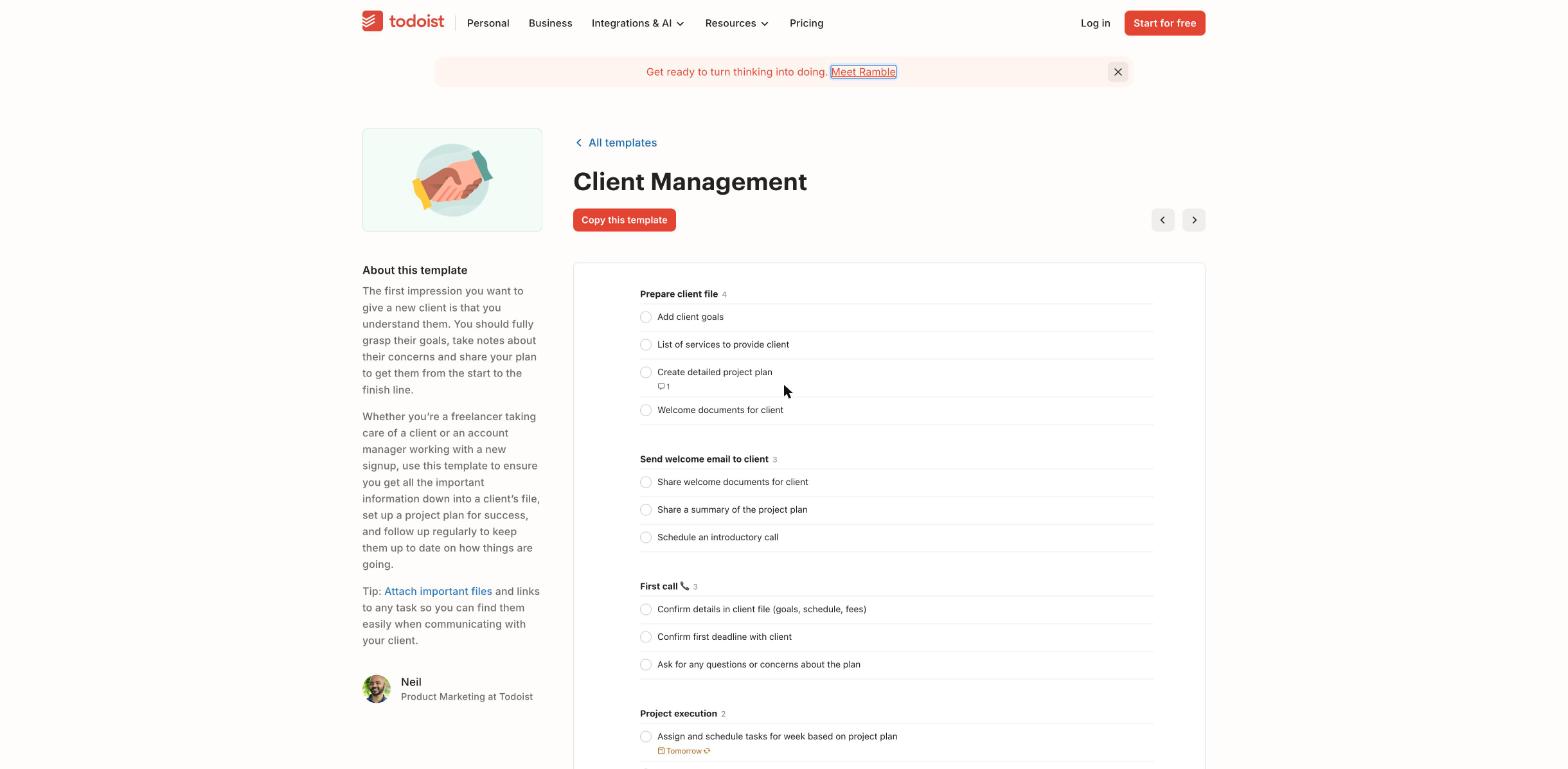 Todoist Client Management template with sections for client file, welcome email, first call and project execution
