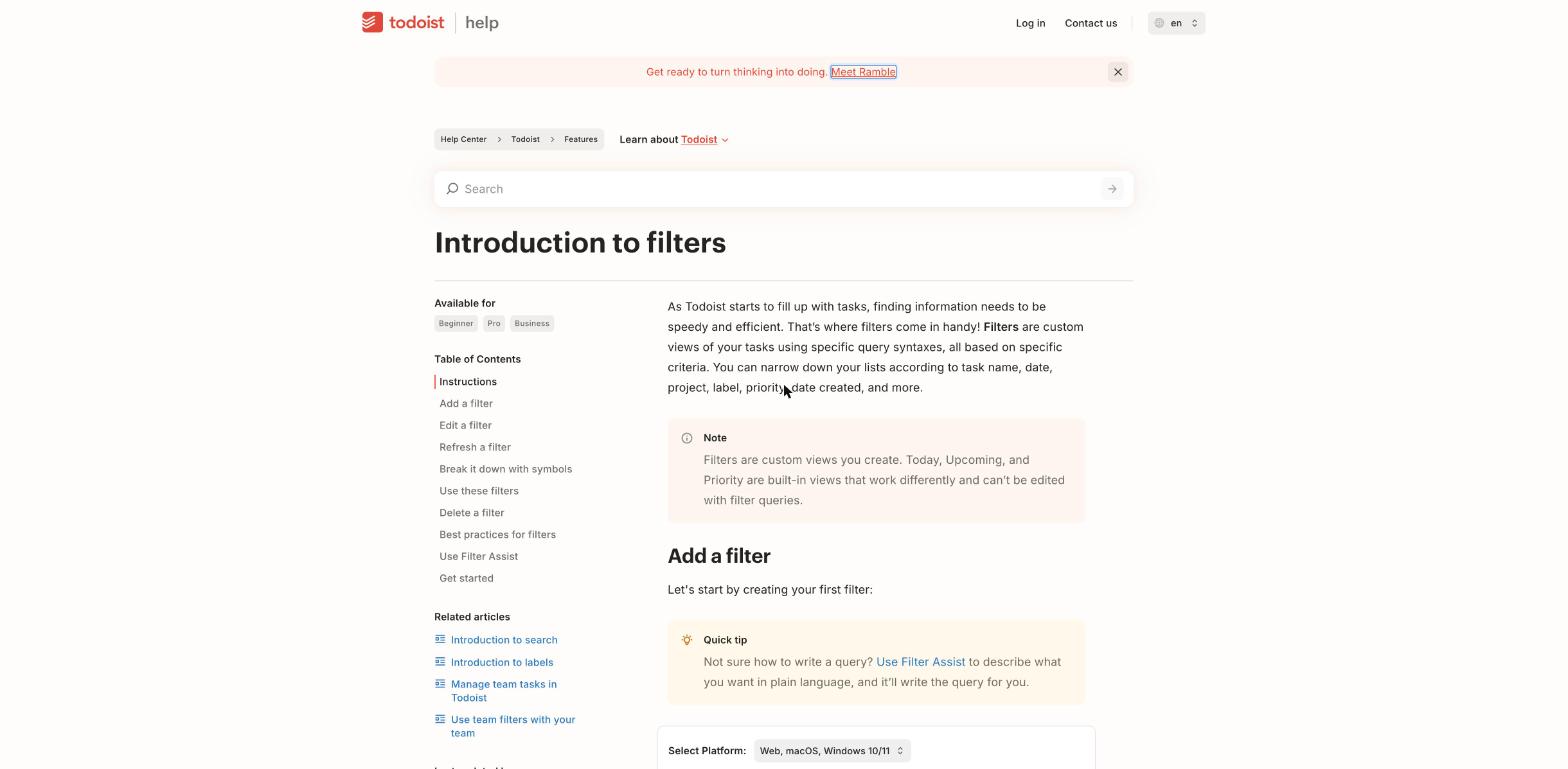 Todoist help article introducing filters and custom task views