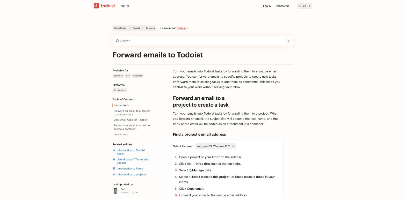 Todoist help article explaining how to forward emails to a project to create a task