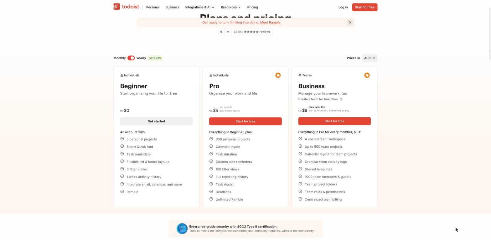 Todoist pricing page comparing Beginner, Pro and Business plans