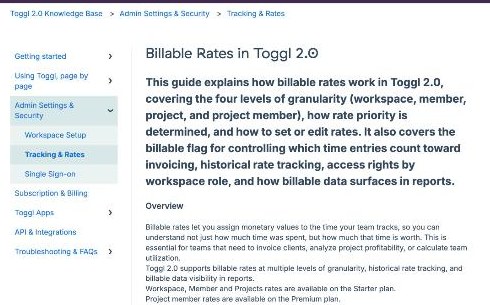 Toggl documentation on billable rates at workspace, member, project and project member level