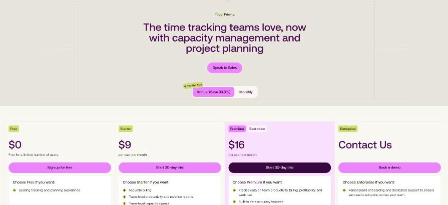 Toggl pricing page with Free, Starter, Premium and Enterprise plans