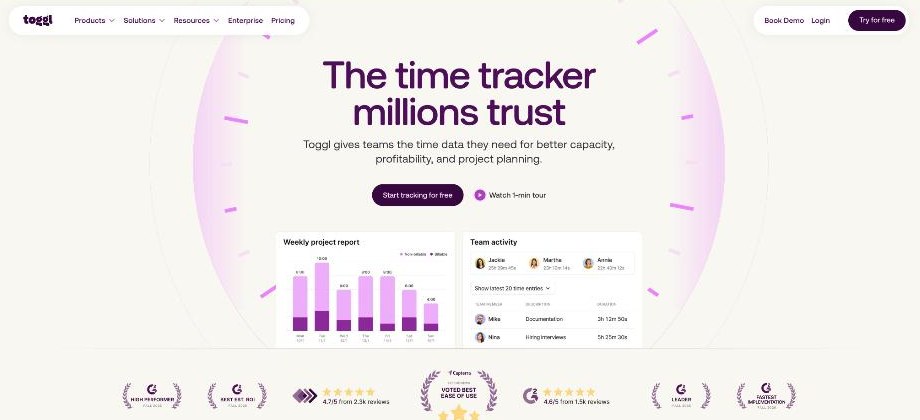 Toggl homepage showing a weekly project report with billable and non-billable hours