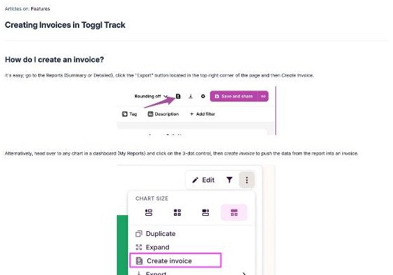 Toggl Track help article showing how to create an invoice from a report export menu