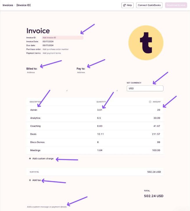 Toggl Track invoice edit view with invoice ID, billed to, line items, custom charge and tax fields