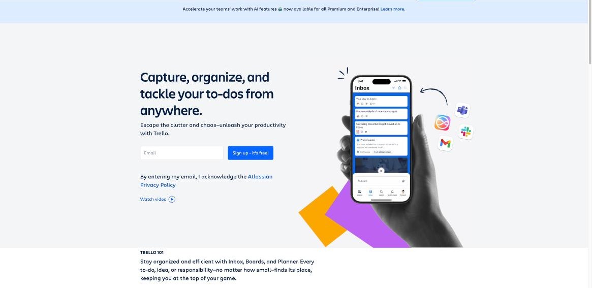 Trello homepage introducing Inbox, Boards and Planner for capturing and organizing to-dos