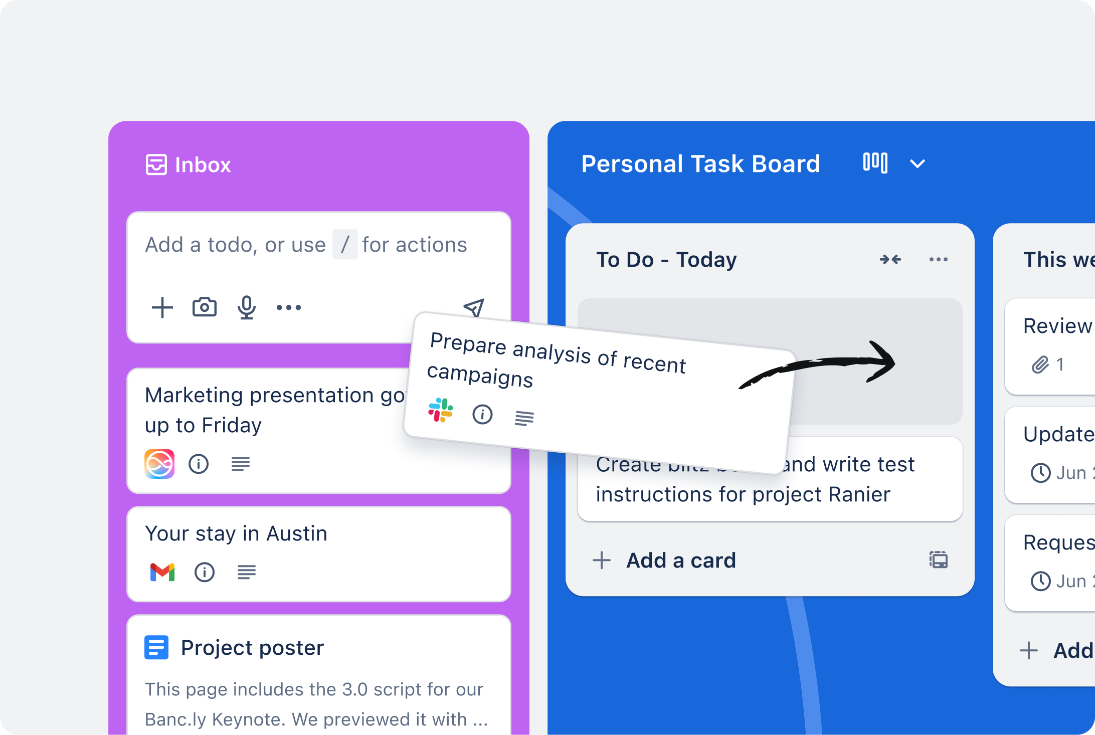Trello Inbox capturing to-dos from email, Slack and Teams, image from Trello