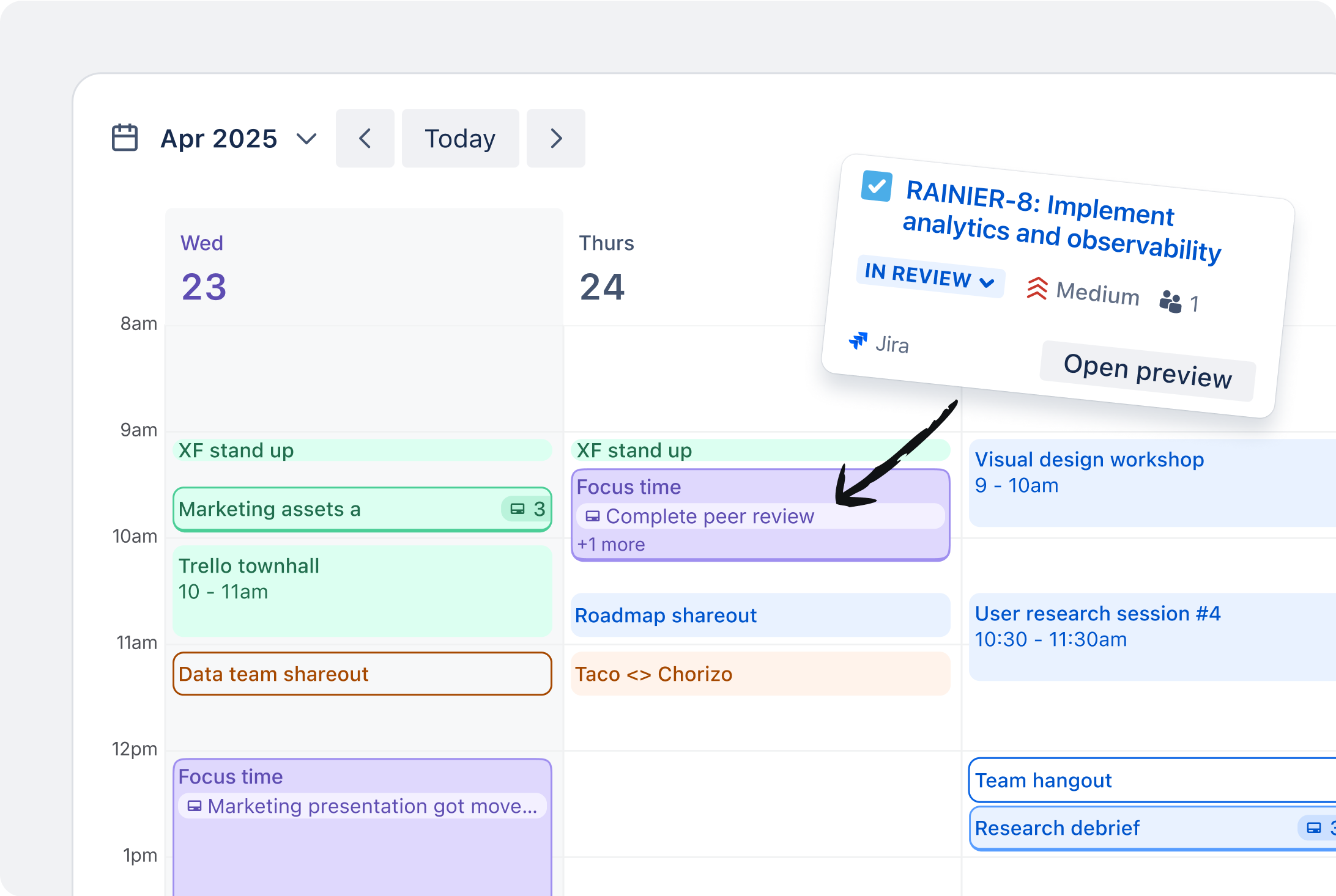 Trello Planner showing scheduled cards next to calendar events, image from Trello