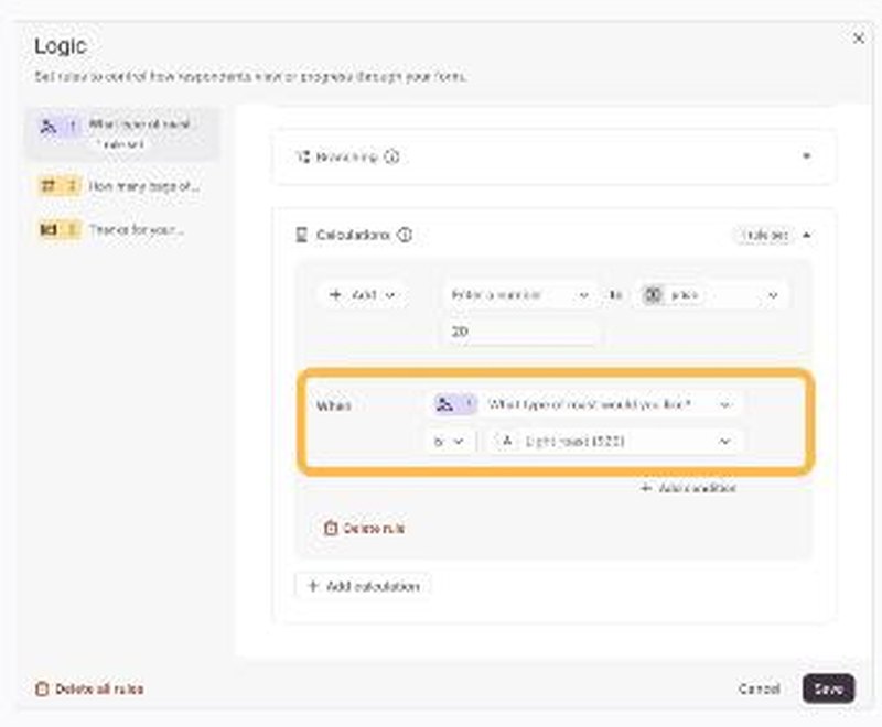 Typeform logic panel adding a calculation rule to a variable when an answer is selected