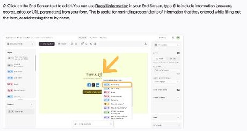 Typeform End Screen editor using Recall to insert answers and variables