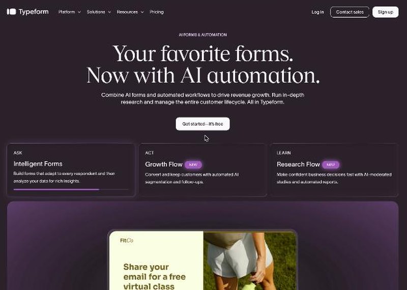 Typeform homepage presenting AI forms and automation