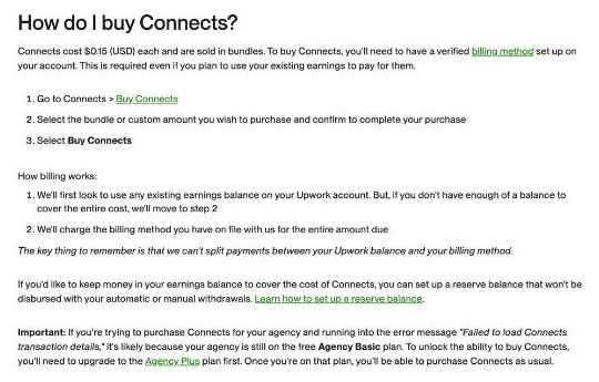 Upwork help article section explaining that Connects cost 0.15 US dollars each and are sold in bundles