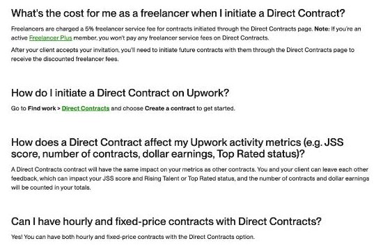 Upwork help article stating freelancers pay a 5% service fee on Direct Contracts