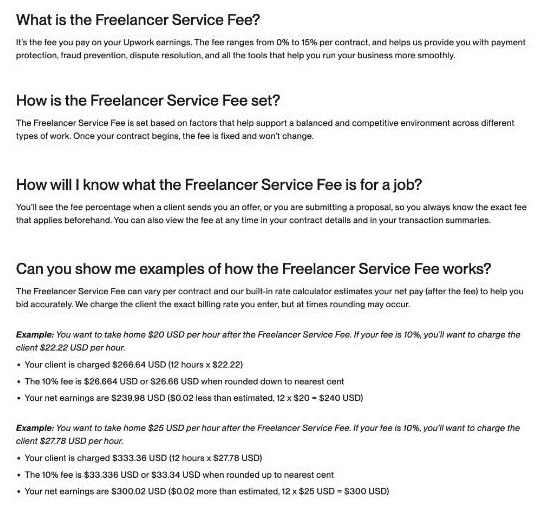 Upwork help article explaining that the Freelancer Service Fee ranges from 0% to 15% per contract with rate examples