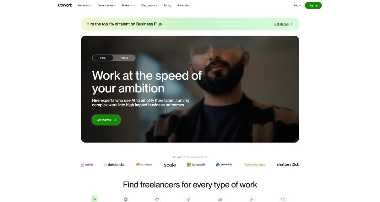 Upwork homepage with the Work at the speed of your ambition headline
