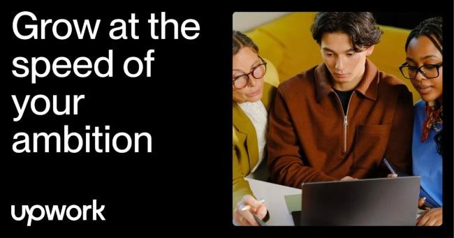 Official Upwork image with the Grow at the speed of your ambition message and the Upwork logo