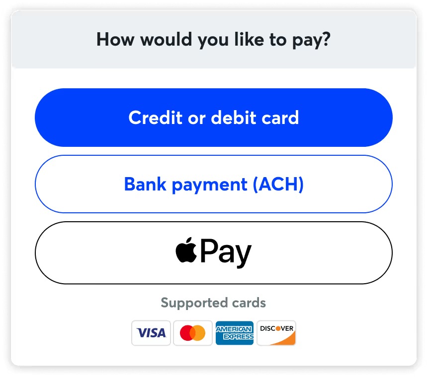 Payment options a customer sees on a Wave invoice: card, bank payment and Apple Pay