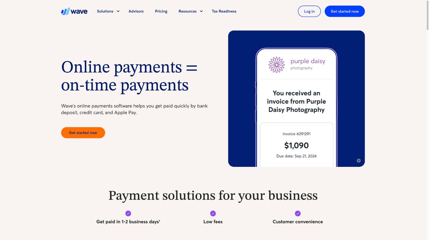 Wave online payments page: get paid by bank deposit, credit card and Apple Pay