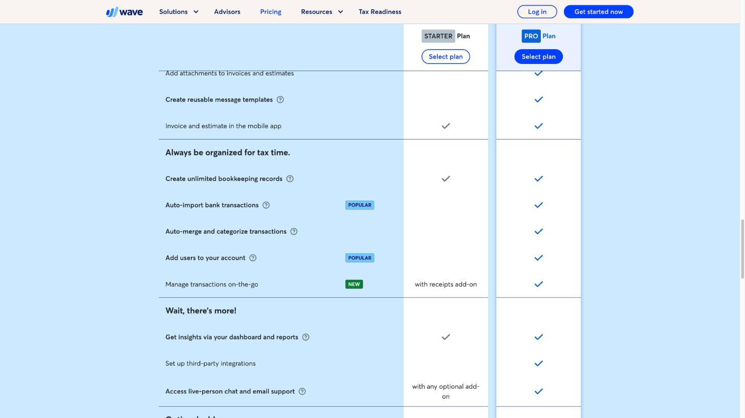 Wave plan comparison for bookkeeping: bank imports, auto-categorization and extra users on Pro