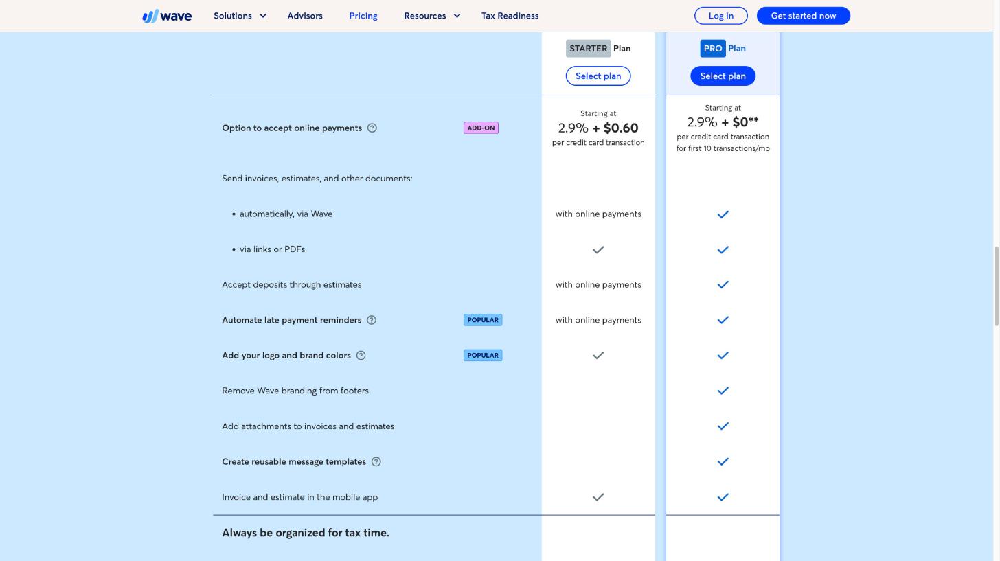 Wave plan comparison for invoicing: automatic sending, deposits and late payment reminders