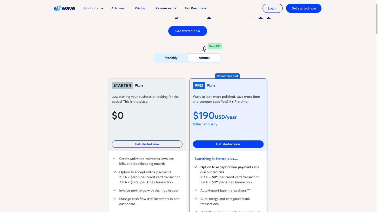 Wave pricing: Starter plan at $0 and Pro plan at $190 per year billed annually