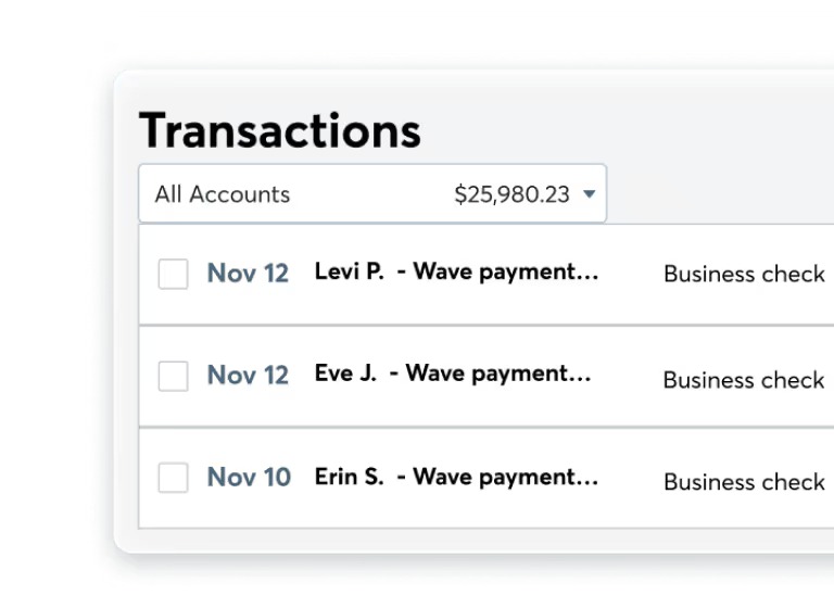 Wave Transactions list showing invoice payments received through Wave