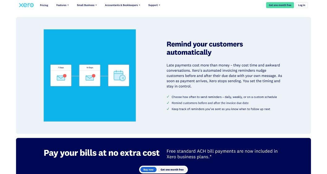 Xero invoicing page describing automatic payment reminders sent before and after the invoice due date