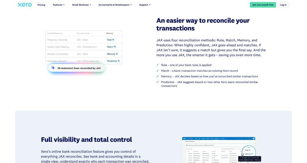 Xero bank reconciliation page explaining JAX matching with Rule, Match, Memory and Prediction methods
