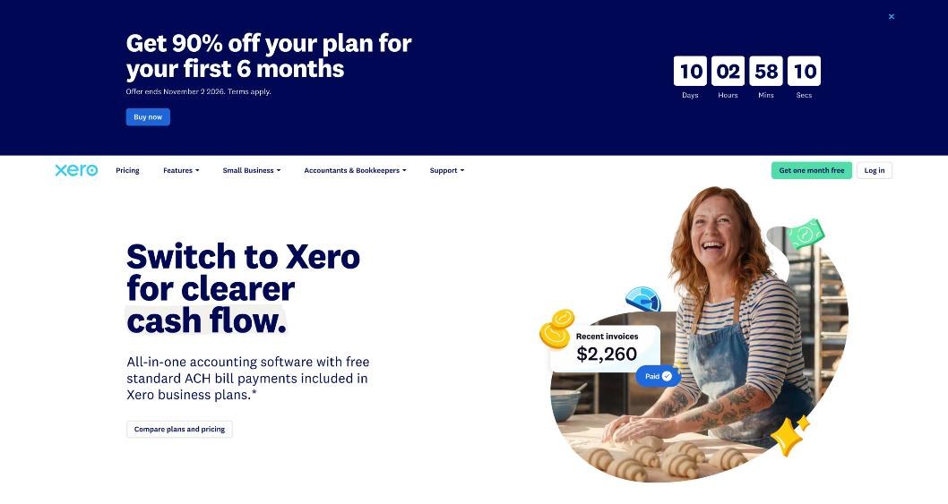 Xero US homepage with the switch to Xero for clearer cash flow headline and a 90 percent off promotion banner