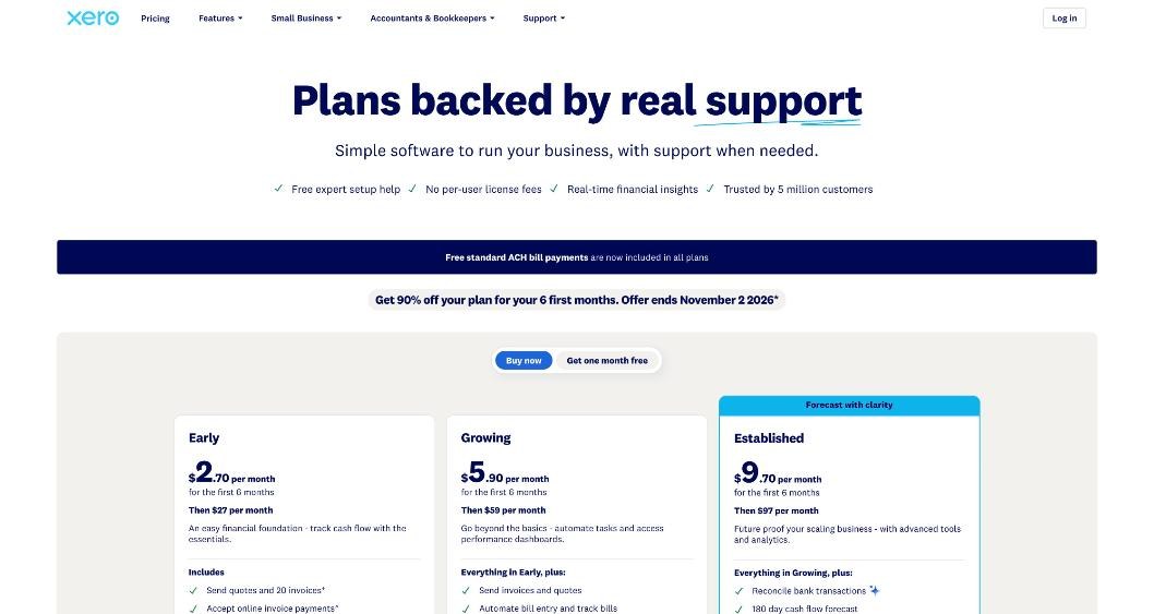 Xero US pricing page comparing the Early, Growing and Established plans with promotional prices