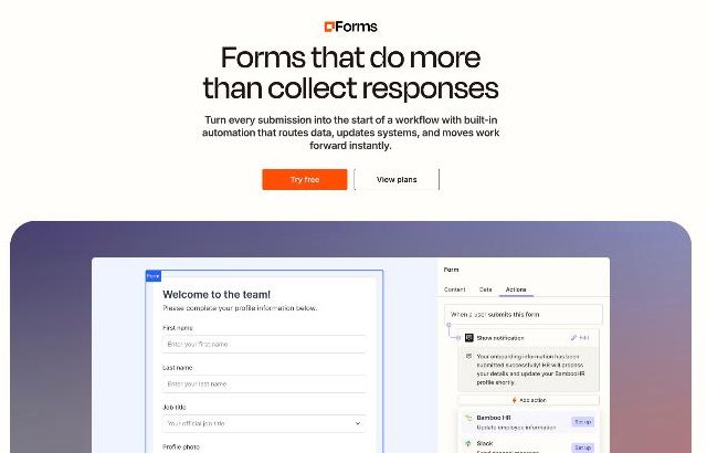 Zapier Forms builder showing a welcome form with actions that run when someone submits it