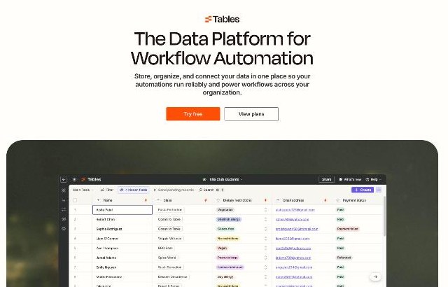 Zapier Tables product page showing a table of records with status columns