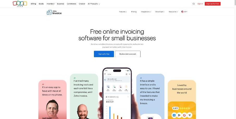 Zoho Invoice homepage advertising free online invoicing software for small businesses