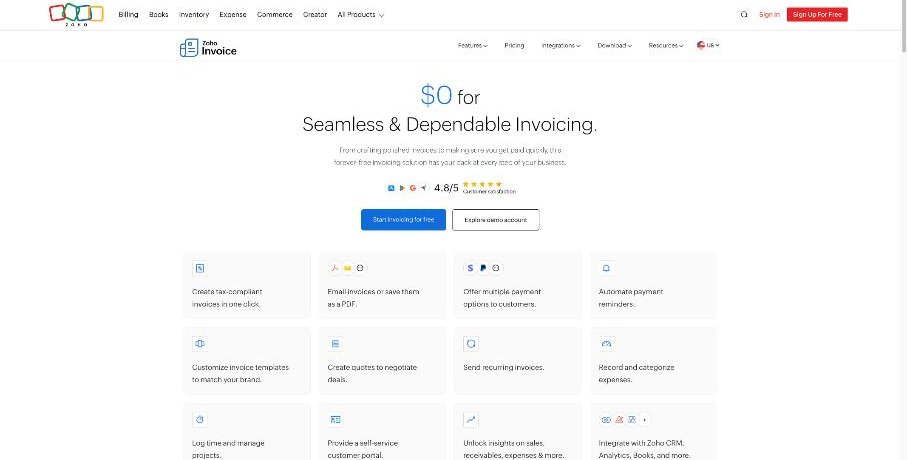 Zoho Invoice pricing page showing $0 and the list of free invoicing features