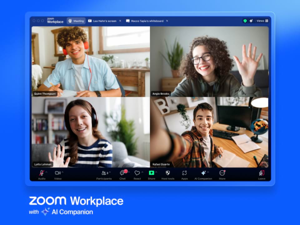 Zoom Workplace video meeting with four participants, from Zoom's Workplace Pro page